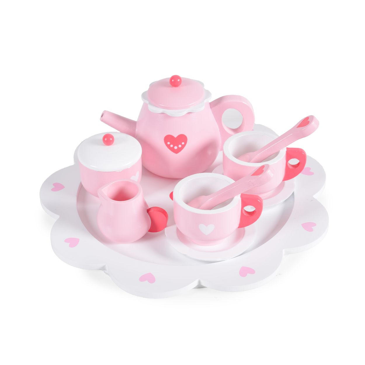 SPIELGESCHIRR Herz 005 rosa Holz, 10-teilig, Kanne, Tassen, Untertassen, Löffel, Zuckerdose - Rosa, Holz (28/8/28cm) - Moni