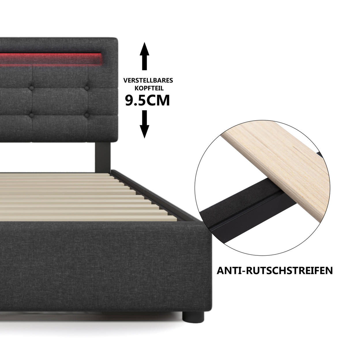 POLSTERBETT 140/200 cm mit LED-Beleuchtung, 4 Schubladen, verstellbarem Kopfteil und Matratze, Grau - Grau, Textil (140/200cm) - Redom