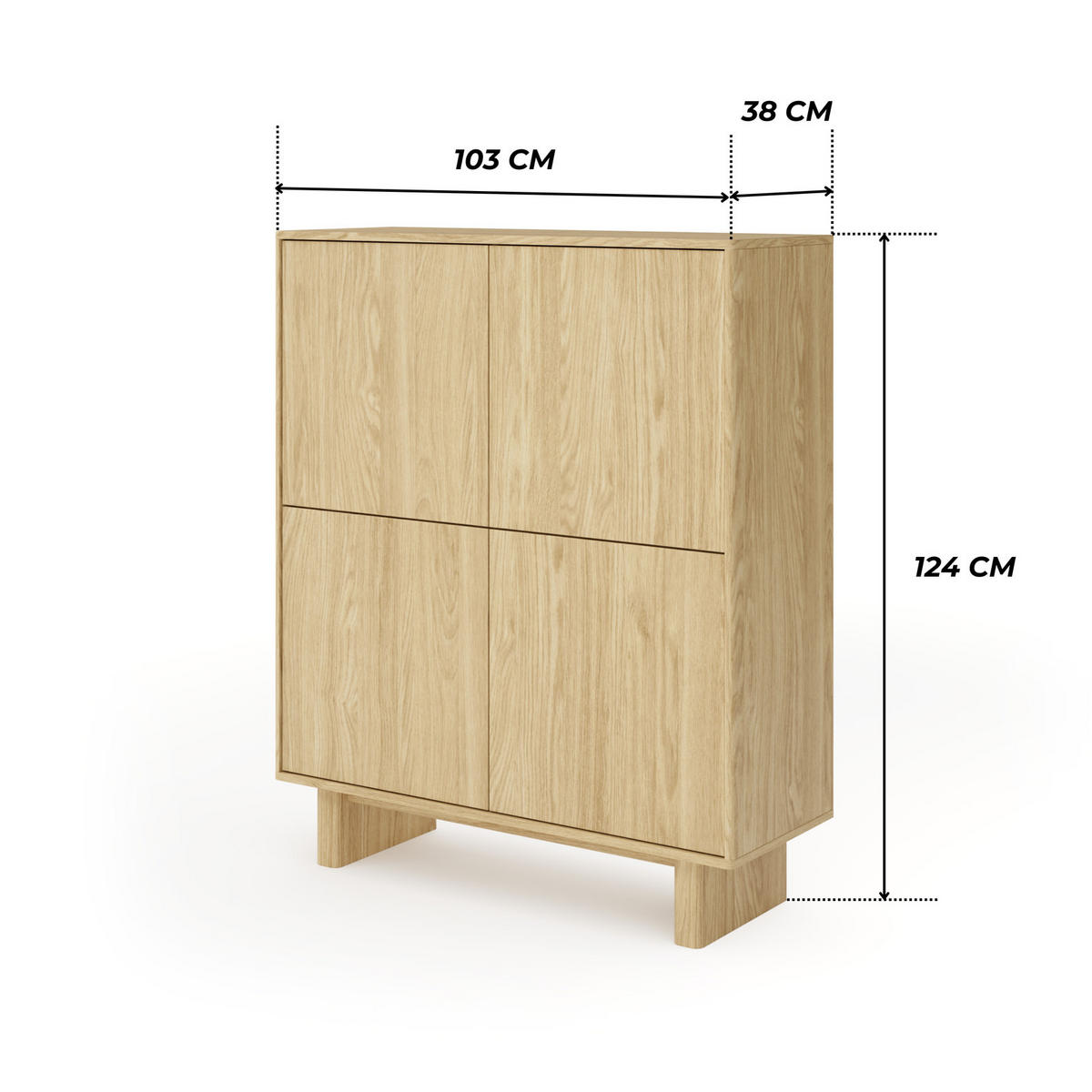 HIGHBOARD VIRONE (Geölte Eiche, 4 Türen, Push-to-Open, hohe Füße) - Eichefarben, Holz/Holzwerkstoff (103/124/38cm) - Ravio