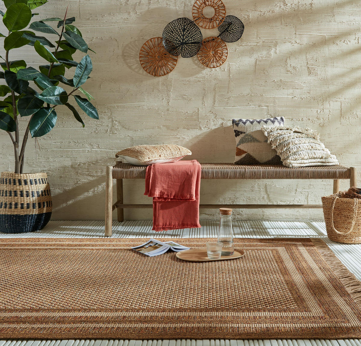 TEPPICH Outdoor Boho Streifen Bordüre, Balkon schmutzabweisend Ocker Rechteckig 200x290 - Braun, Textil (200/290cm) - KADIMA DESIGN