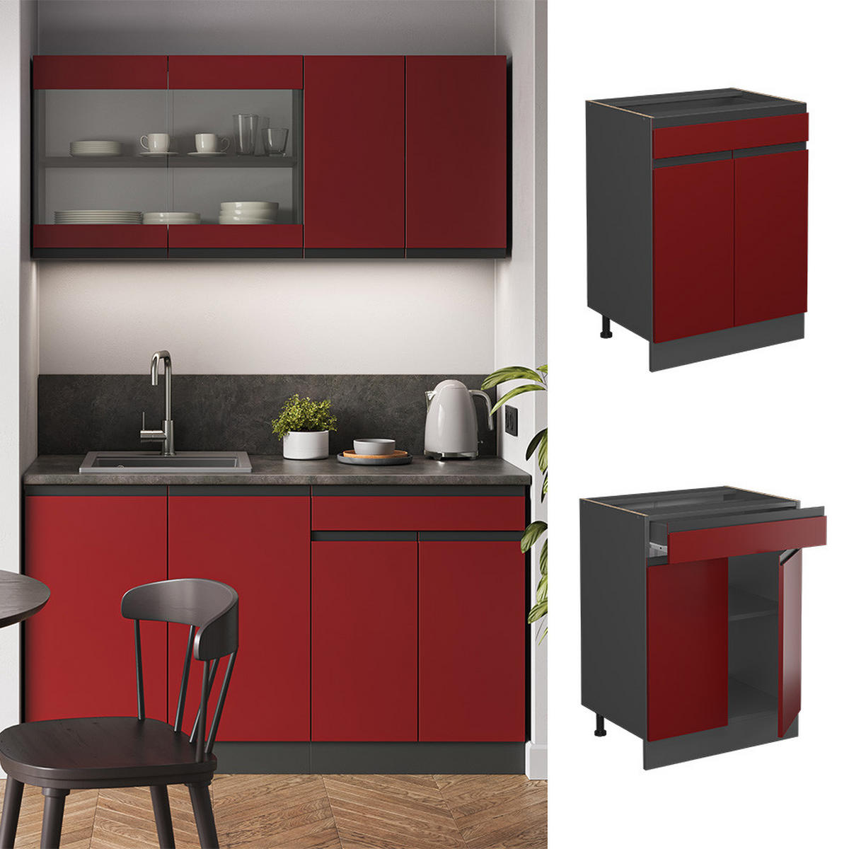 KÜCHENUNTERSCHRANK R-Line Rot 60 cm, AP Eiche - Anthrazit/Rot, Holzwerkstoff (60/81.6/60cm) - Vicco