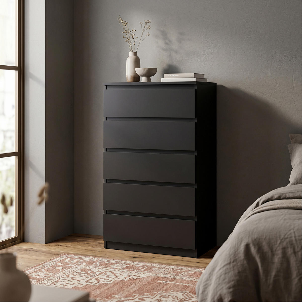 KOMMODE NUDO 70/124,5/39cm mit 5 Schubladen Türen Schwarz - Schwarz, Holzwerkstoff (70/124.5/39cm) - MASSENO