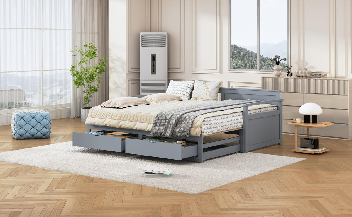 TAGESBETT 90/180x190 Kiefer Ausziehbett Schubladen Grau - Grau, Holzwerkstoff - FLIEKS