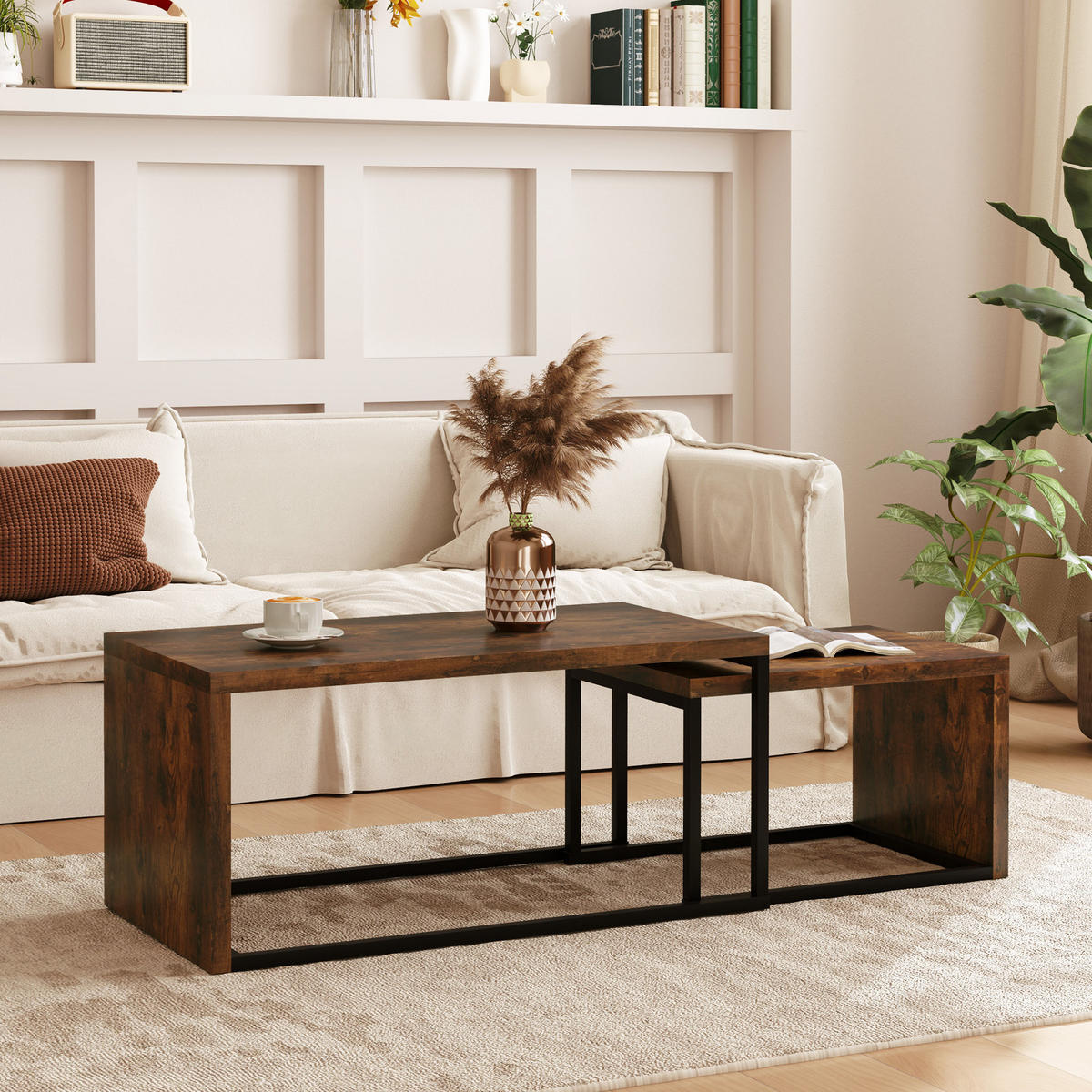 COUCHTISCH 90/48/42 cm und 59/42/36 cm rustikal braun aus Holz mit Metallrahmen - Braun, Holz (90/48/42cm) - OKMYHOME