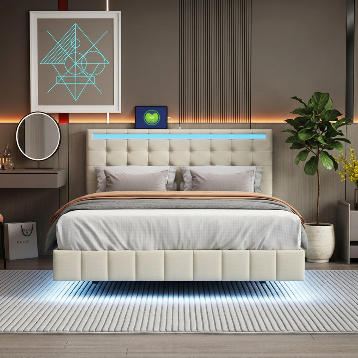 POLSTERBETT 140/200 cm beige mit LED und USB - Beige, Holz
