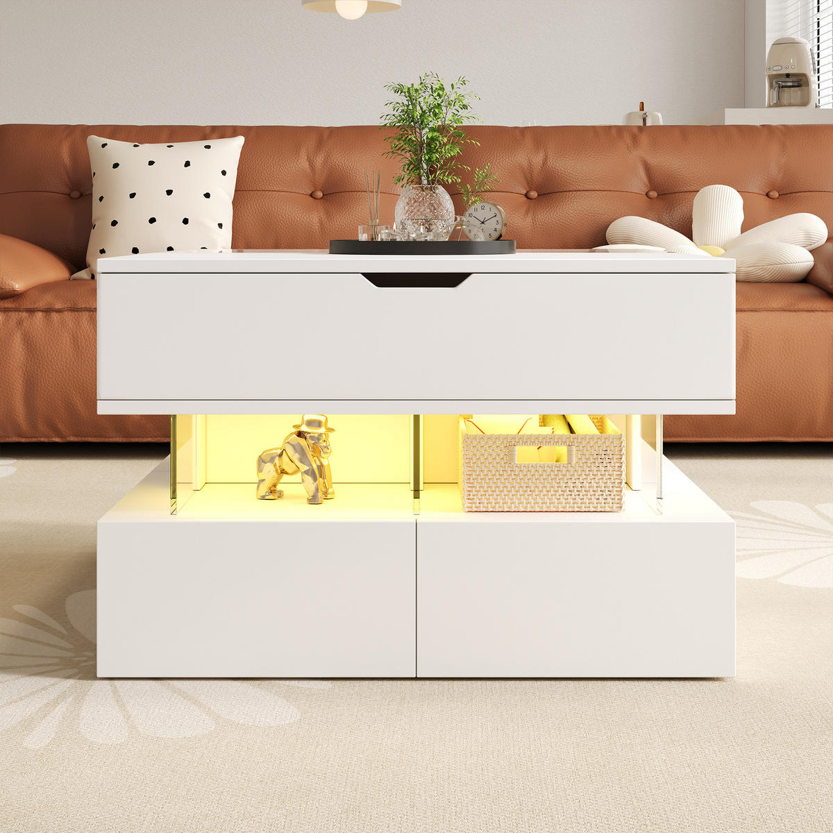 COUCHTISCH in Weiß Wohnzimmertisch höhenverstellbar mit 16-farbiger LED-Beleuchtung, B70/T67/H57cm - Weiß, Glas/Holzwerkstoff (67/70/57cm) - STILVORA