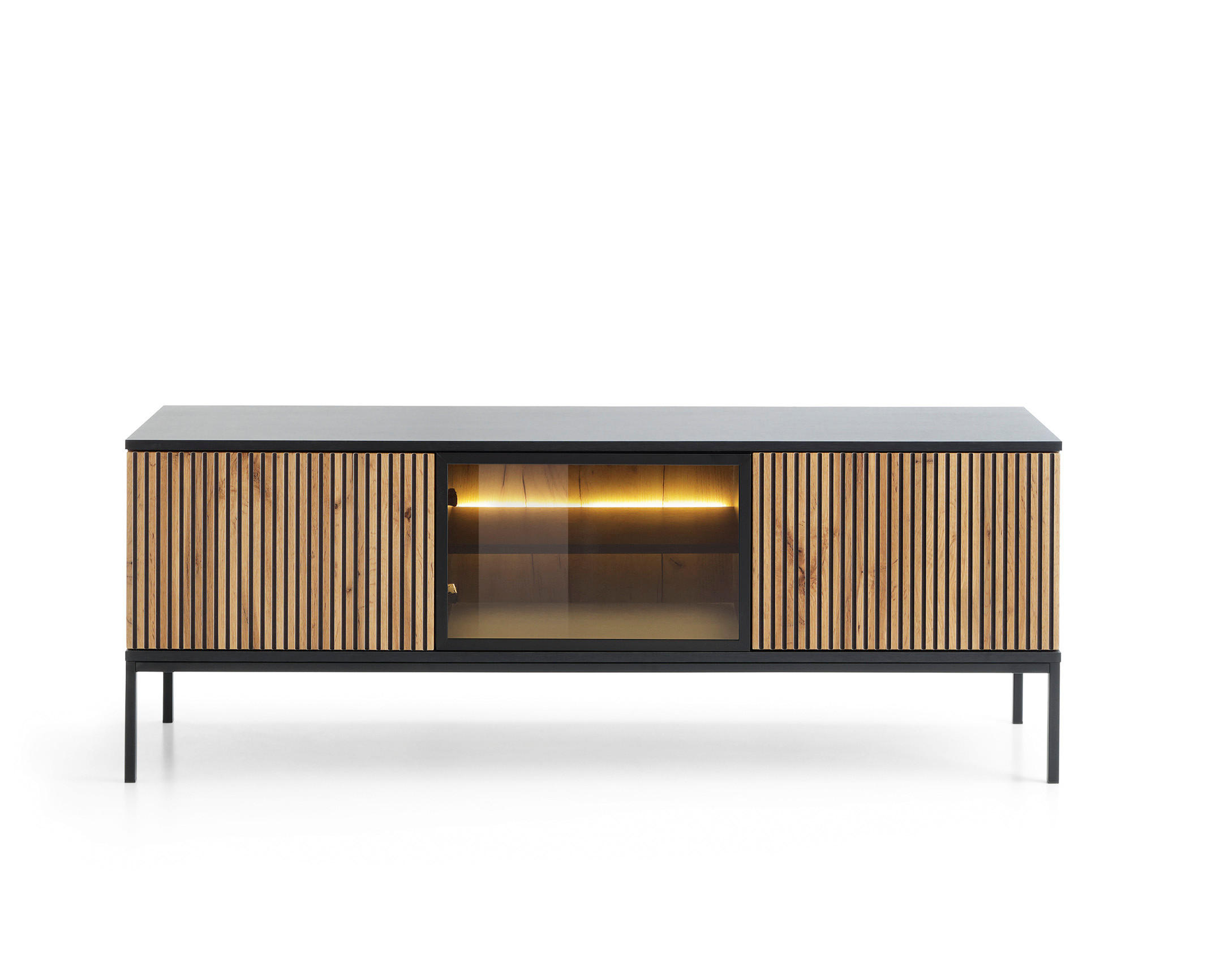 MODERNER TV-Ständer mit geriffelter Front, 154×56×39 cm, Schwarz / Wotan Eiche - Schwarz, Holzwerkstoff (154/56/39cm) - 3XE LIVING