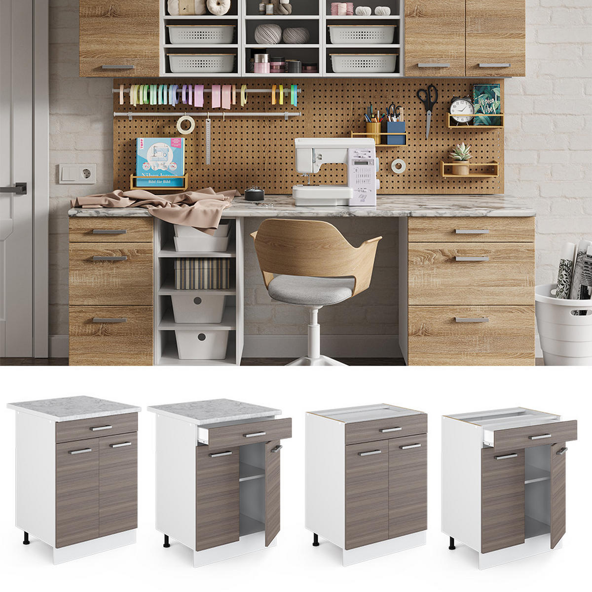 UNTERSCHRANK R-Line Grau 60 cm mit Schubladen - Weiß/Grau, Holzwerkstoff (60/81.6/60cm) - Vicco