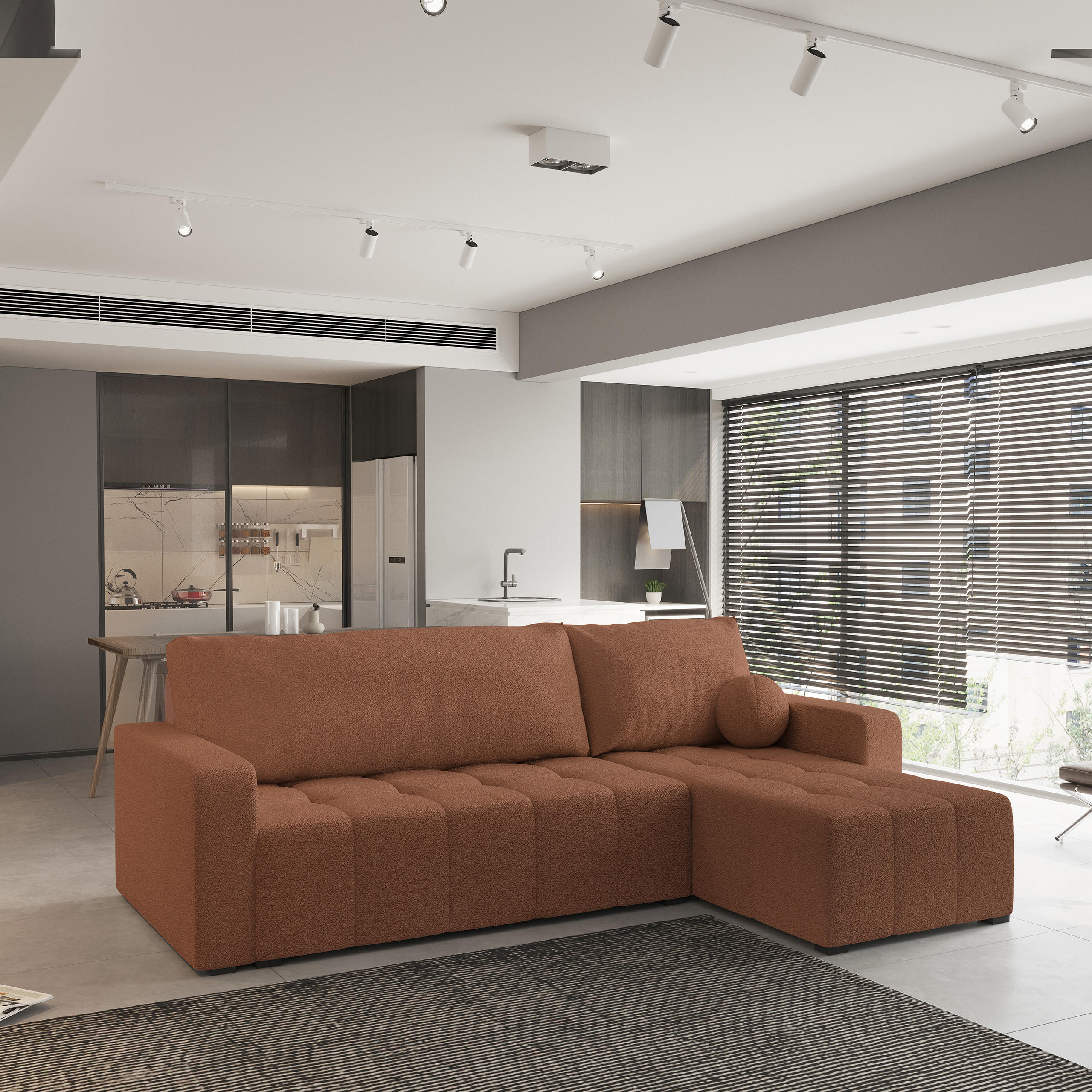 ECKSOFA VOLIRA Kupferfarben Boucle-Stoff mit Schlaffunktion - Kupferfarben, Holz (230/143cm) - MASSENO