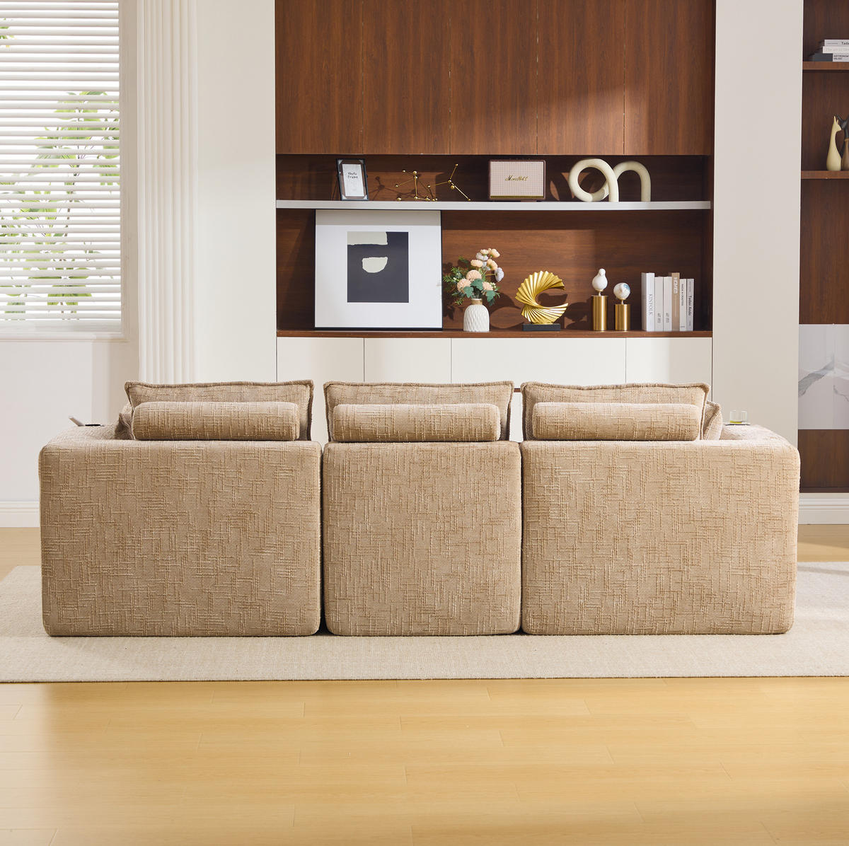 SOFA modular 3-Sitzer mit Fußhocker 256 x 161 cm Chenille Khaki - Braun, Holzwerkstoff (161/256cm) - Meubliv