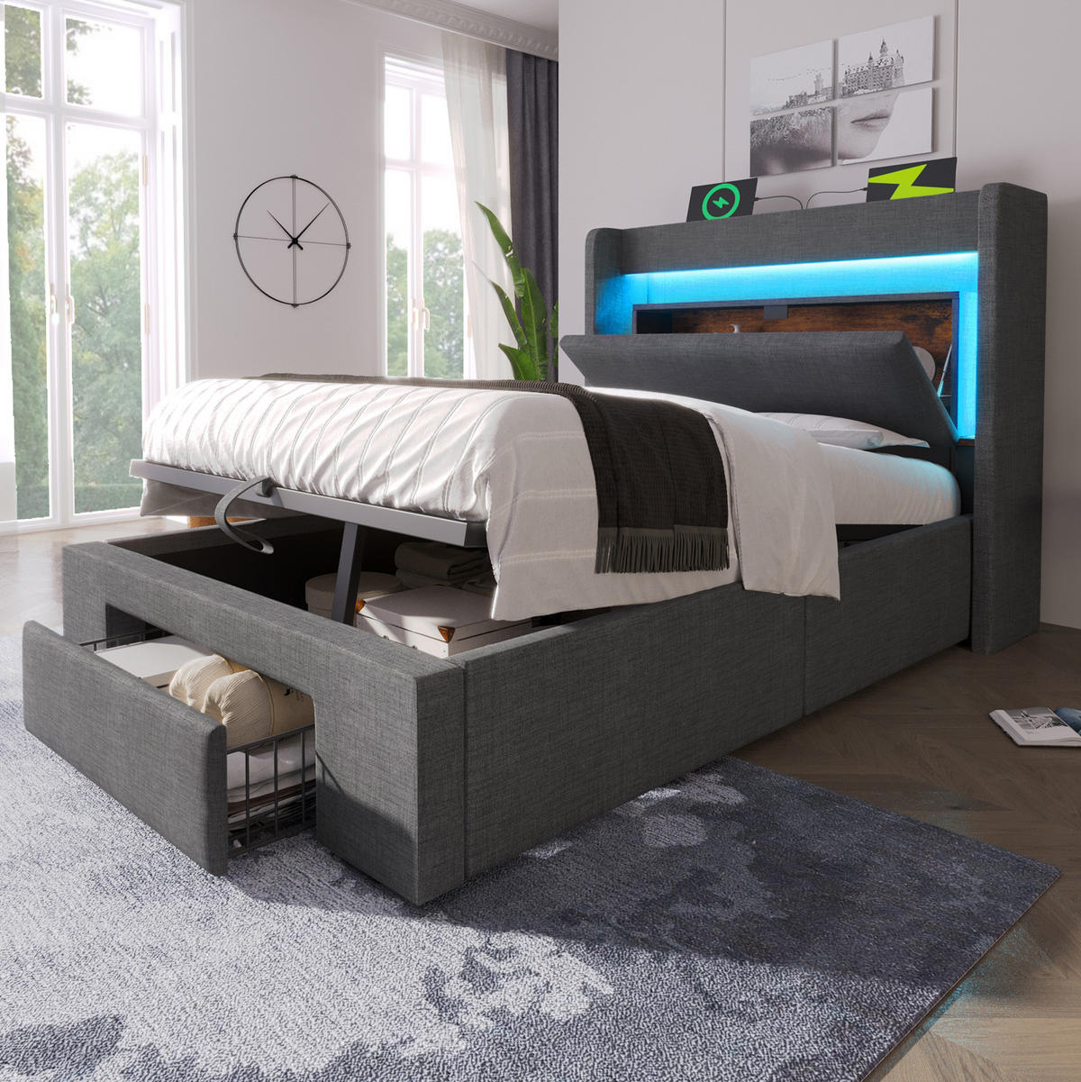POLSTERBETT 90/200 cm grau aus Leinen mit LED, Stauraum und USB-C - Grau, Textil (90/200cm) - OKWISH