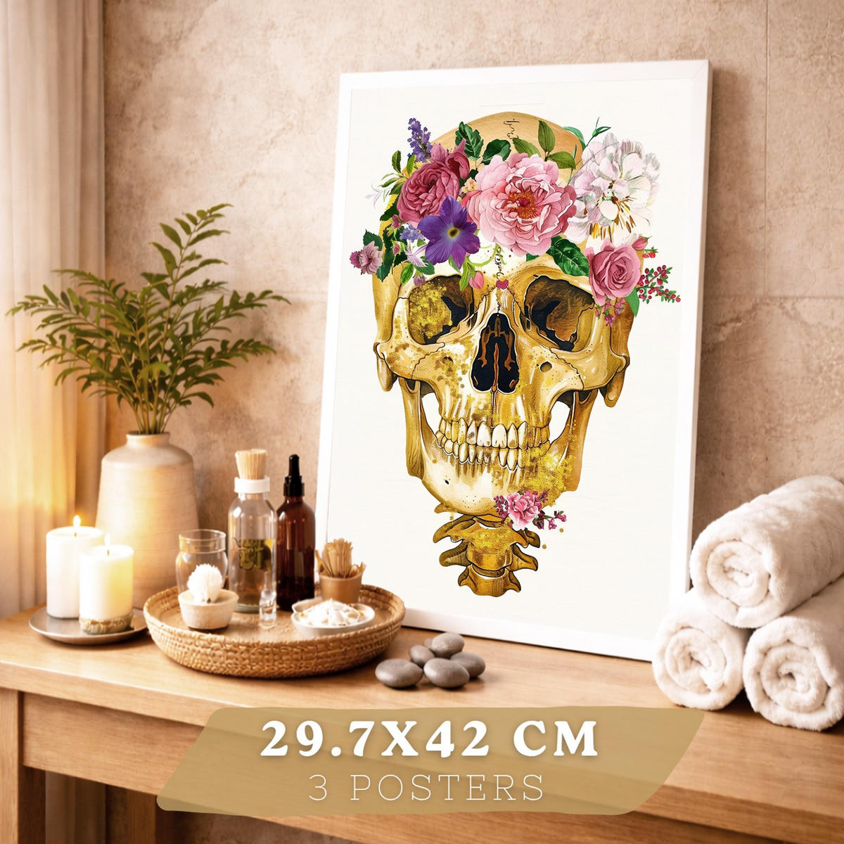 POSTER Set aus 3 Anatomie Mensch Drucke und Wandbilder mit Schädel Gehirn und Herz Goldene Florale Künstlerische Illustration Größe Weißer Rahmen A3 - Weiß, Papier (29.7/42/3cm) - Nacnic