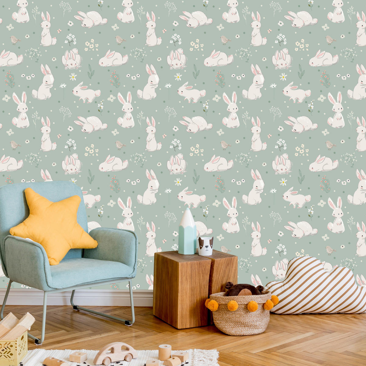 VLIESTAPETE Häschen, Vögel und Blüten – Mint, Rosa, Weiß – 50x1000 cm - Rosa/Weiß, Papier (50/1000cm) - Muralo