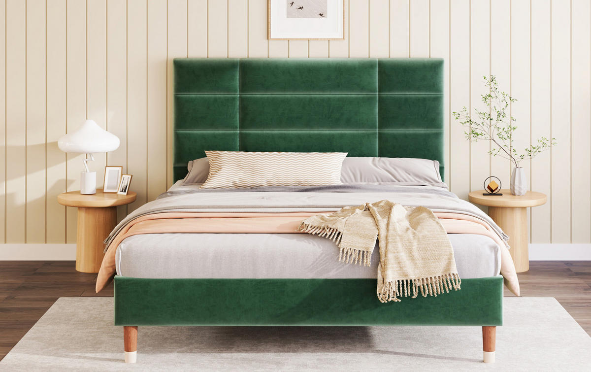 POLSTERBETT 140/200 cm Grün aus Samt mit Lattenrost - Grün, Textil (140/200cm) - OKMYHOME