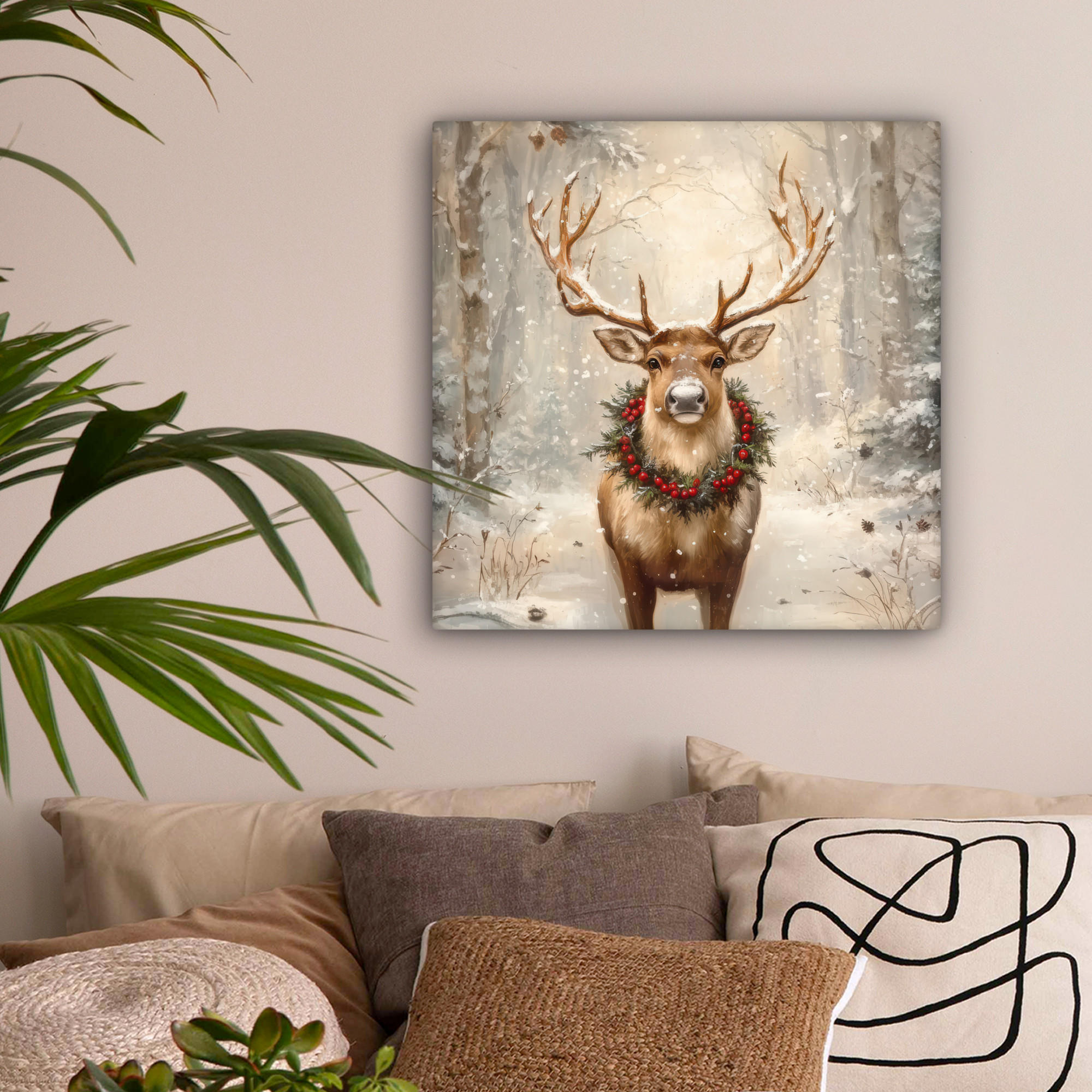 LEINWANDBILD Weihnachten - Rentier - Winter - Kranz 50x50 cm - Naturfarben, Textil (50/50cm) - MuchoWow