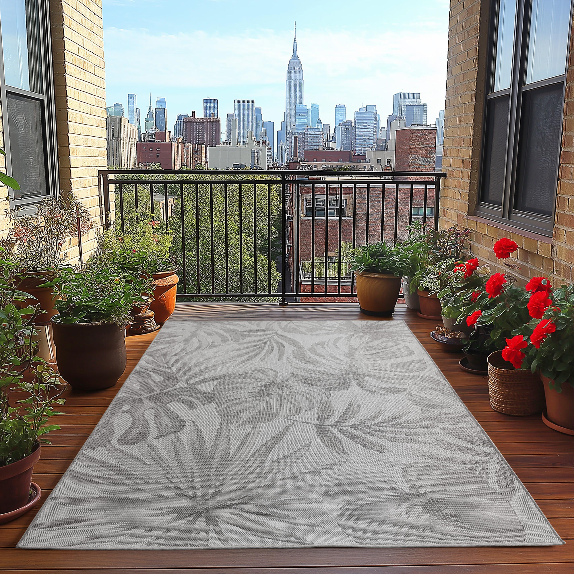 TEPPICH Outdoor Flachgewebe Tropenmuster Polypropylen Terrasse Grau Rechteckig 140x200 - Grau, Textil (140/200cm) - KADIMA DESIGN