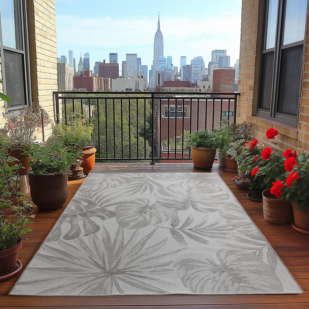 TEPPICH Outdoor Flachgewebe Tropenmuster Polypropylen Terrasse Grau Rechteckig 280x370 - Grau, Textil (280/370cm) - KADIMA DESIGN