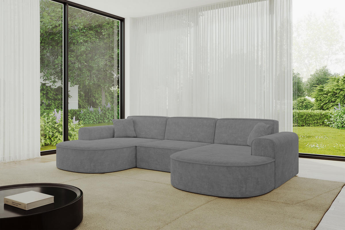 WOHNLANDSCHAFT MARI-U1 - 303x171x79 cm Grau Velours - Schwarz/Grau, Holzwerkstoff/Kunststoff (303/79/171cm) - ALTDECOR