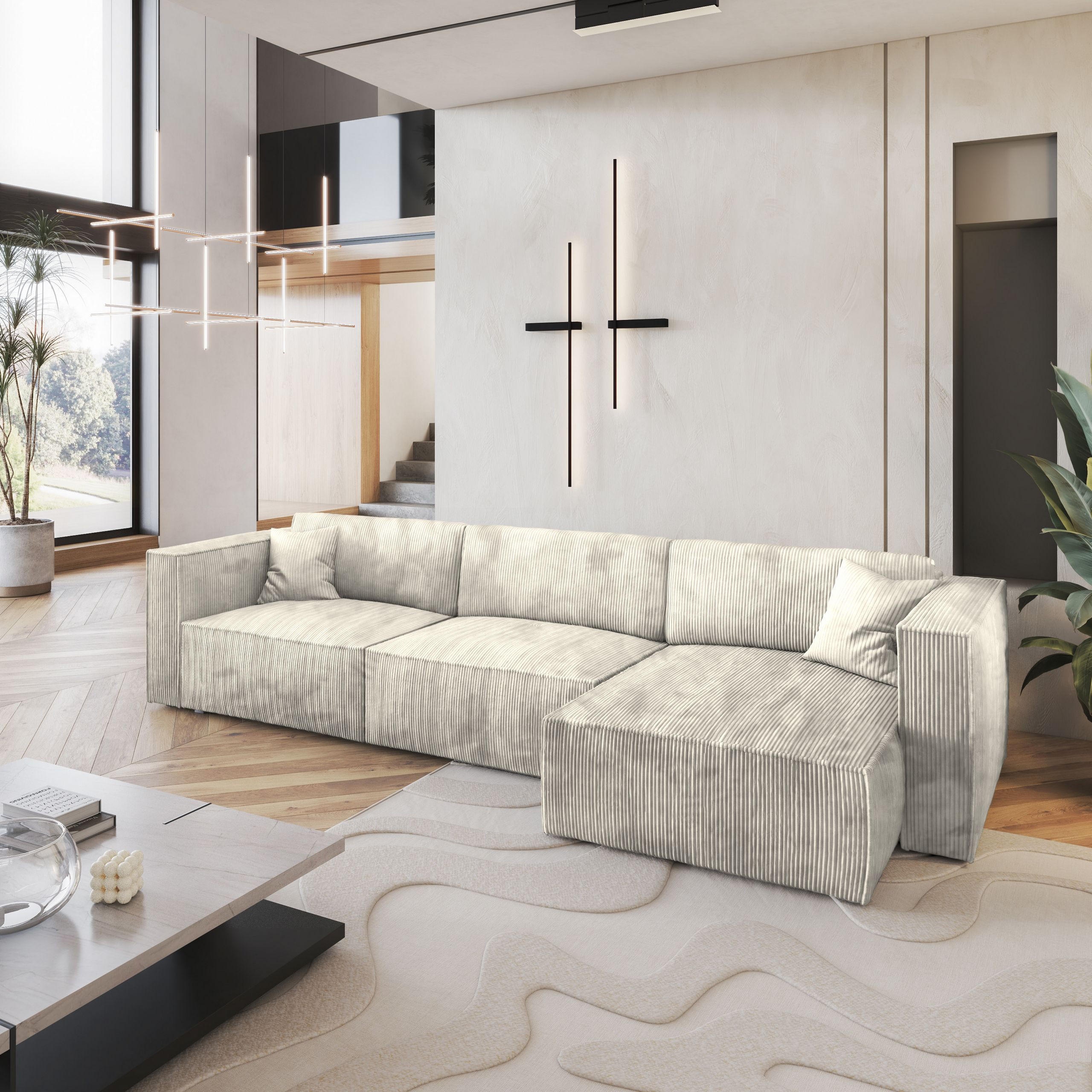 ECKSOFA TOLMO P Creme Kordstoff mit Schlaffunktion - Creme, Holz (347/148cm) - MASSENO