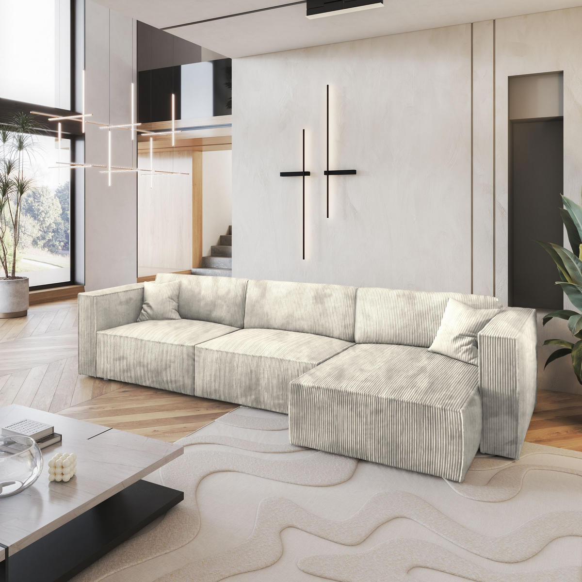 ECKSOFA TOLMO P Creme Kordstoff mit Schlaffunktion - Creme, Holz (347/148cm) - MASSENO
