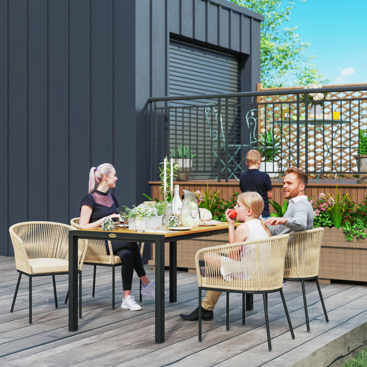 GARTENMÖBEL-SET DE-06739 5-teiliges, 4 Stühle & Tisch, waschbare Kissen Khaki - Taupe/Naturfarben, Holz/Kunststoff - ComfortXL