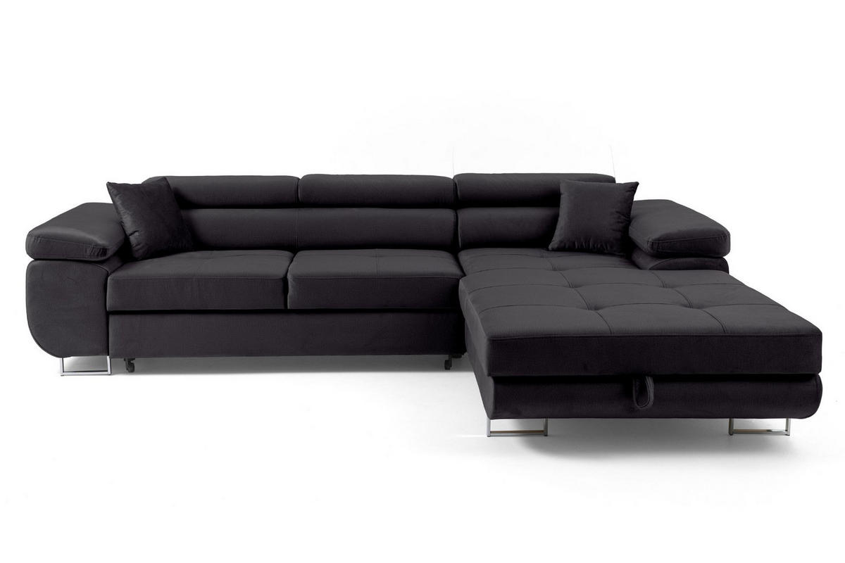 ECKSOFA ALONZO L Rechts mit Schlaffunktion 125x195 Velours Schwarz - Silberfarben/Schwarz, Holz/Textil (203/275cm) - Muffo