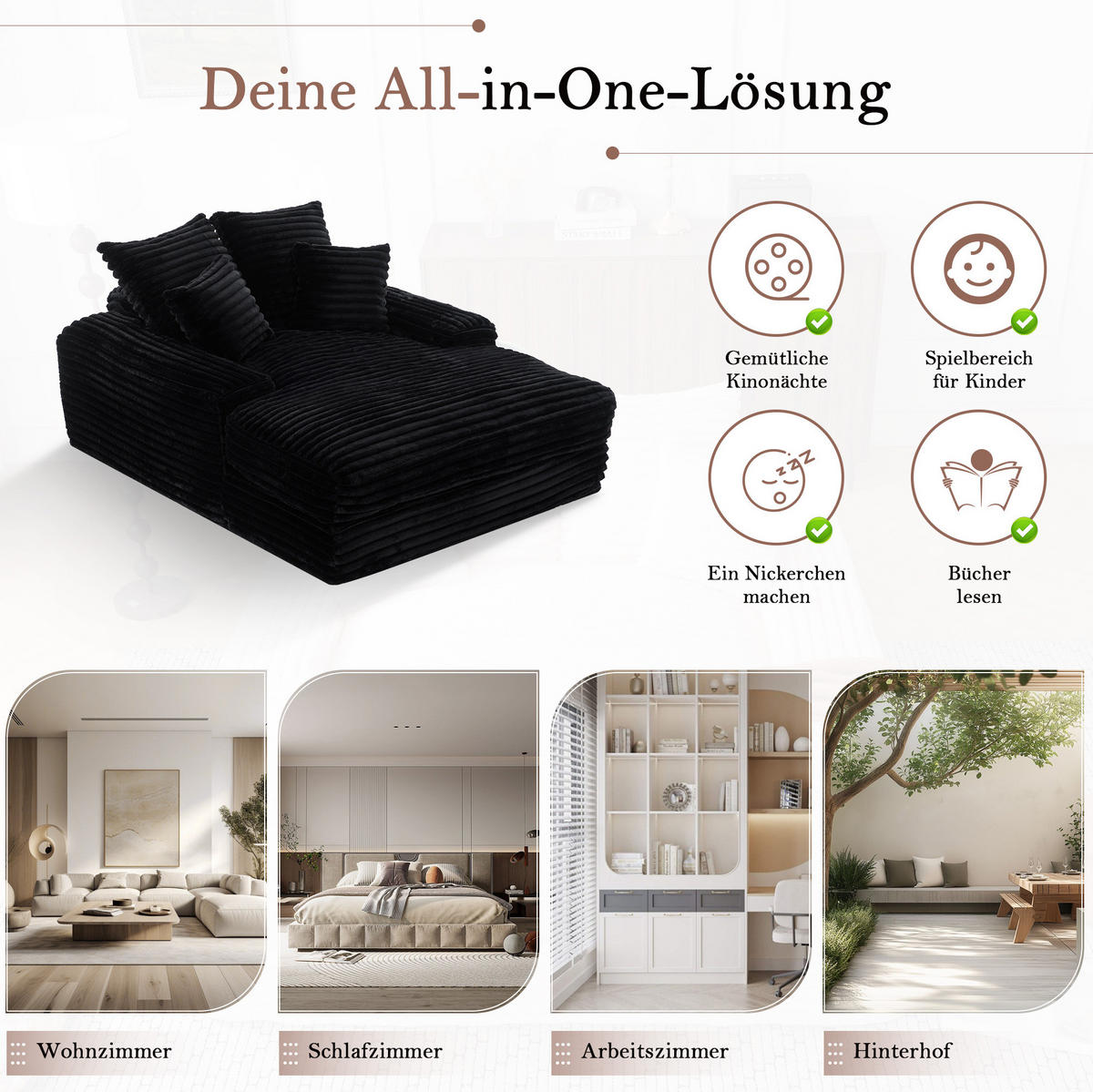 RELAXLIEGE Cordstoff mit Memory-Schaum und 4 Kissen 137/175/63 cm Schwarz - Schwarz, Textil (137/63/175cm) - Redom