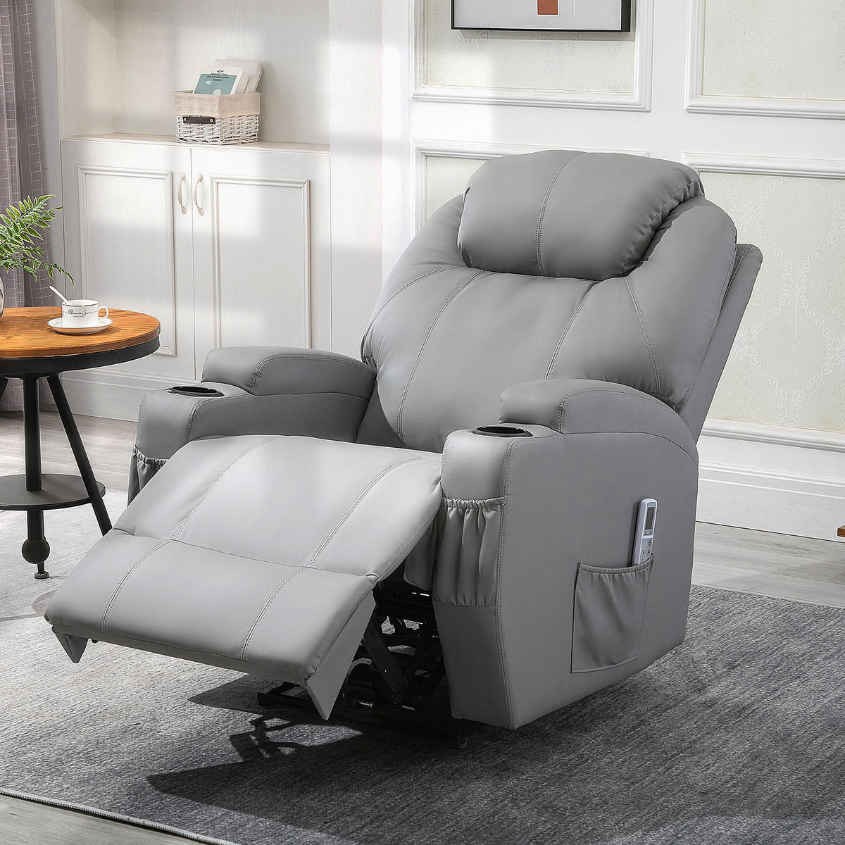 MASSAGESESSEL DE-15343 elektrisch verstellbar mit 8 Vibrationspunkten Grau - Hellgrau, Leder (97/110/82cm) - ComfortXL