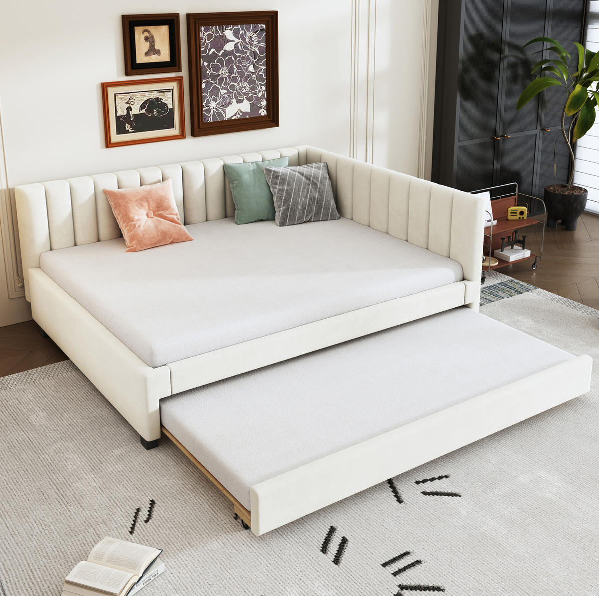 POLSTERBETT 140/200 cm aus Samt mit ausziehbarem Unterbett Beige - Beige, Leder (140/200cm) - Modenvie