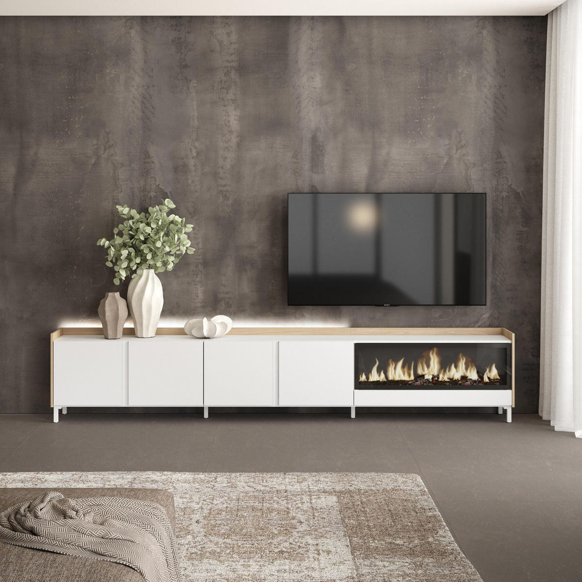 LOWBOARD, Weiß und Eiche, 315/35/61cm, Kamin mit Feuereffekt XXL - Weiß, Holzwerkstoff (315/61/35cm) - Skraut Home