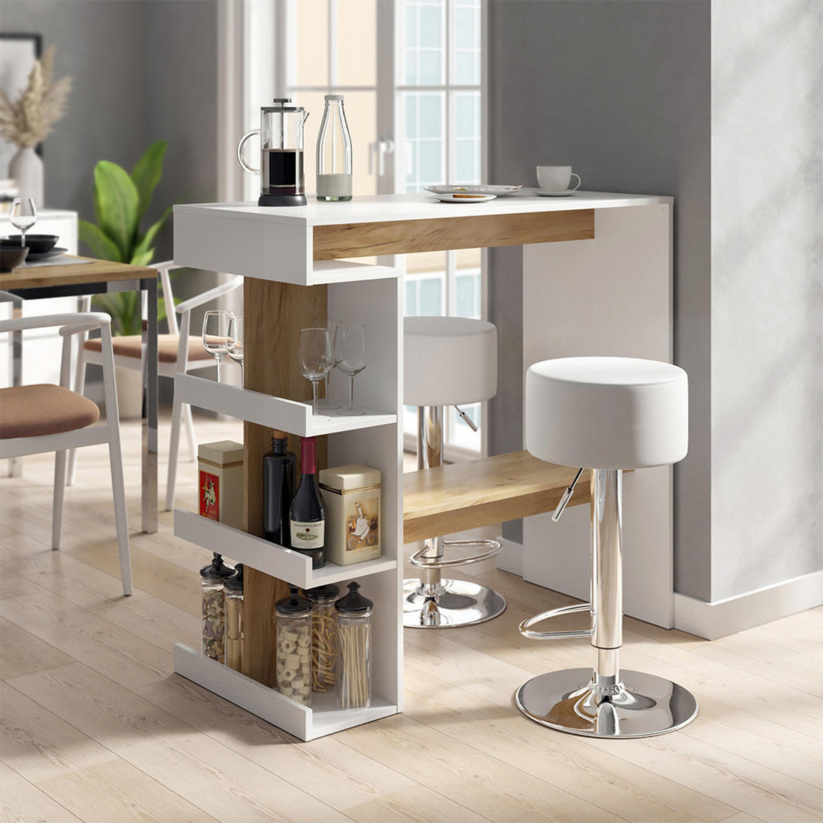 BARTISCH-SET Dana Weiß/Goldkraft Eiche 108 x 50 cm mit 2 Barhockern - Weiß, Holzwerkstoff (50/108/103cm) - Vicco