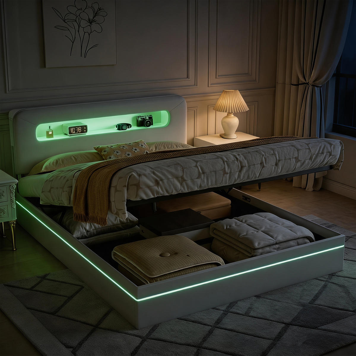 POLSTERBETT 160x200 mit bettkasten, Doppelbett mit stauraum, LED, lattenrost, samt, beige - Beige, Holz/Textil (160/200cm) - GENKI LIVING