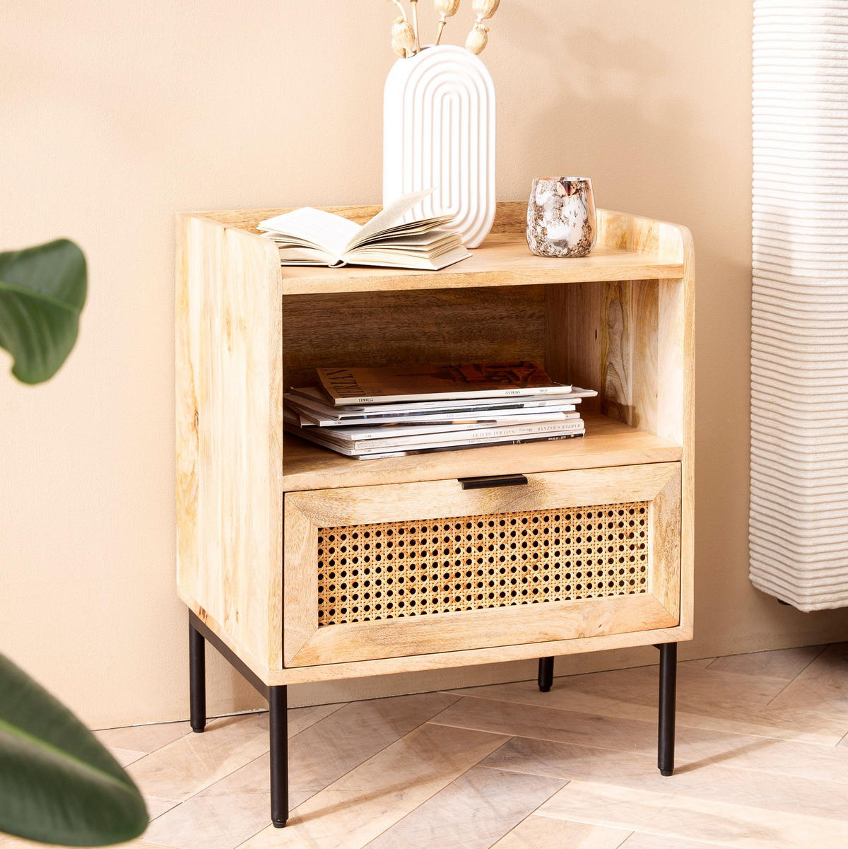 NACHTTISCH – Mango Massivholz/Rattan, 50x60x40 cm, 1 Schublade, Wiener Geflecht - Schwarz/Braun, Holz/Metall (50/60/40cm) - KADIMA DESIGN