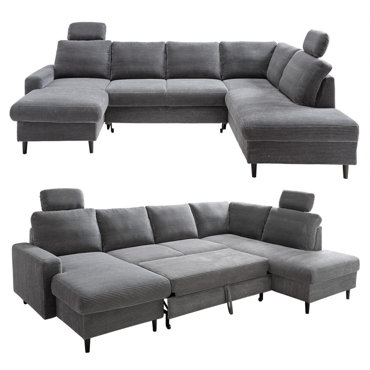 WOHNLANDSCHAFT mit Schlaffunktion Bettkasten Wellenunterfederung, 2 Kopfstützen, U-Form B305/T200/H88 cm, Cord Grau Anthrazit / 17206 - Schieferfarben/Anthrazit, Holz/Textil (305/88/200cm) - luma-home