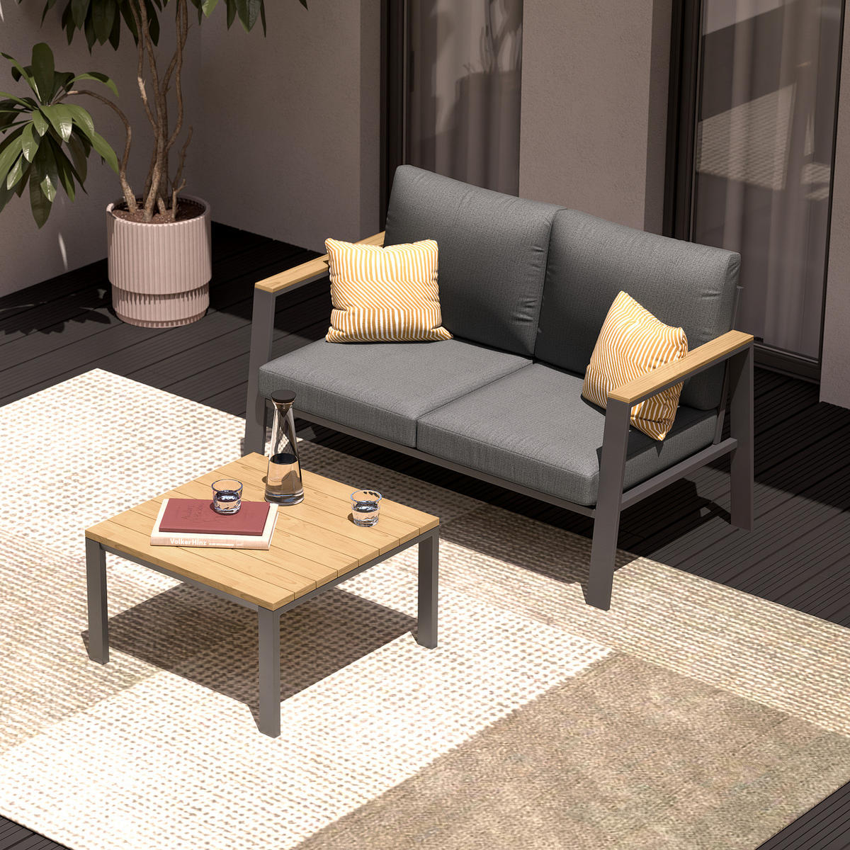 LOUNGESET - Eukalyptus massiv / Polyester - Braun / Anthrazit - 2-teilig - Braun/Grau, Holz/Textil - home24