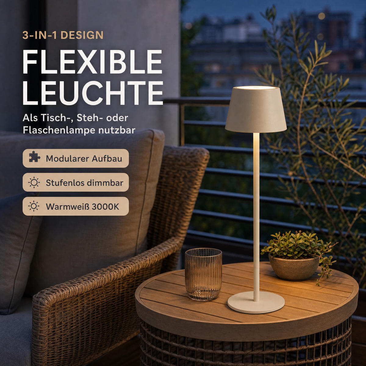 LED-TISCHLAMPE Akku 3-in-1 Beige dimmbar Flaschenaufsatz 26/45 cm Touch IP54 - Beige, Kunststoff (11/11/45cm) - Northpoint