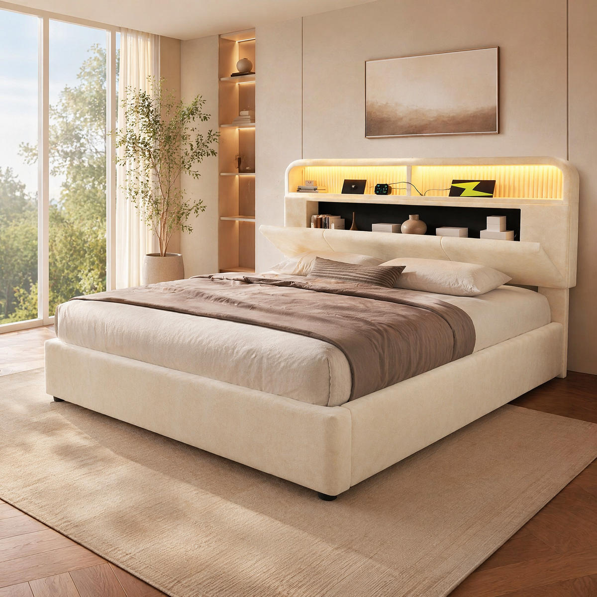 POLSTERBETT 140/200 cm in Beige Samt mit Bettkasten, LED und USB - Beige, Holzwerkstoff/Textil (140/200cm) - STILVORA