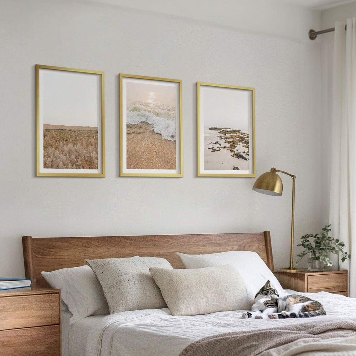 BILDER SET 3er Set - 40x60 cm Goldrahmen - Strandwellen, Steine, Sommer - Goldfarben, Kunststoff (40/60cm) - TULUP