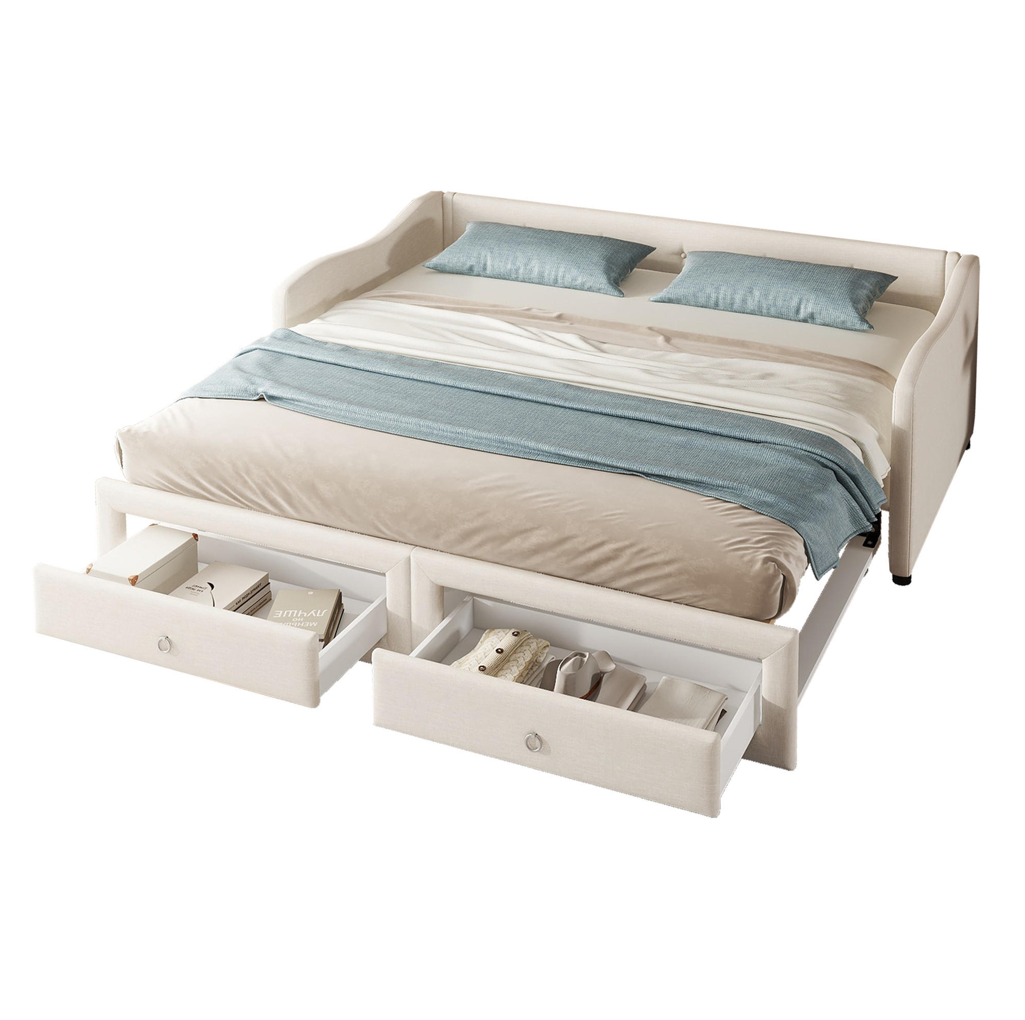 TAGESBETT 90/200 cm in Beige mit Ausziehbett und 2 Schubladen - Beige, Textil (90/200cm) - BEAOK