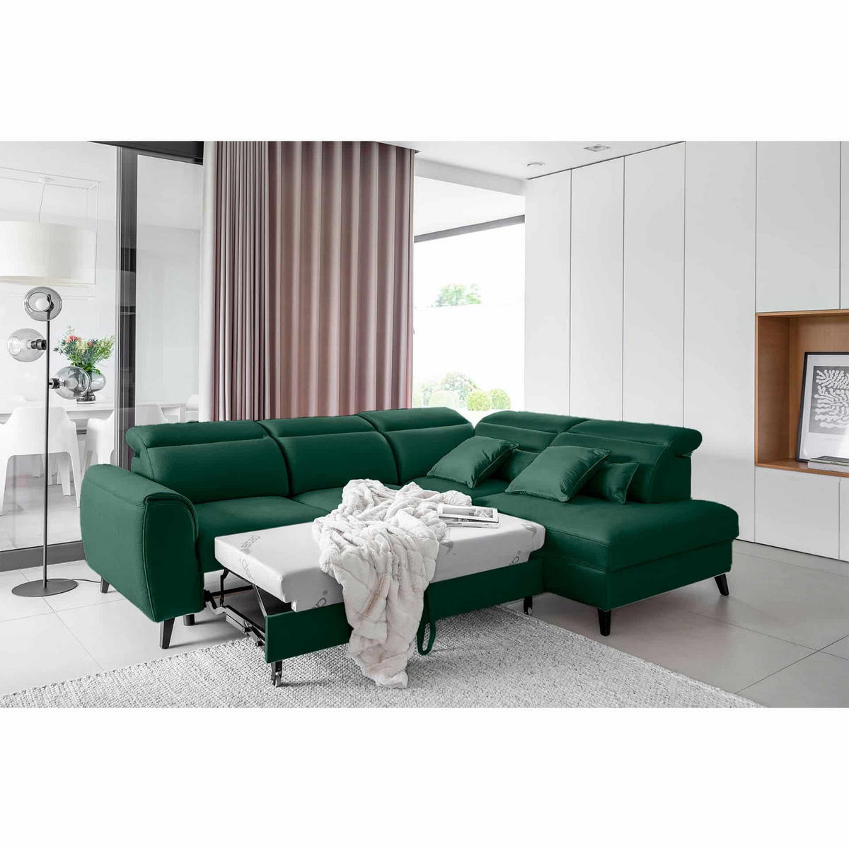 ECKSOFA mit Schlaffunktion & Bettkasten - Dunkelgrün/Schwarz, Holz/Textil (201/255cm) - Eltap