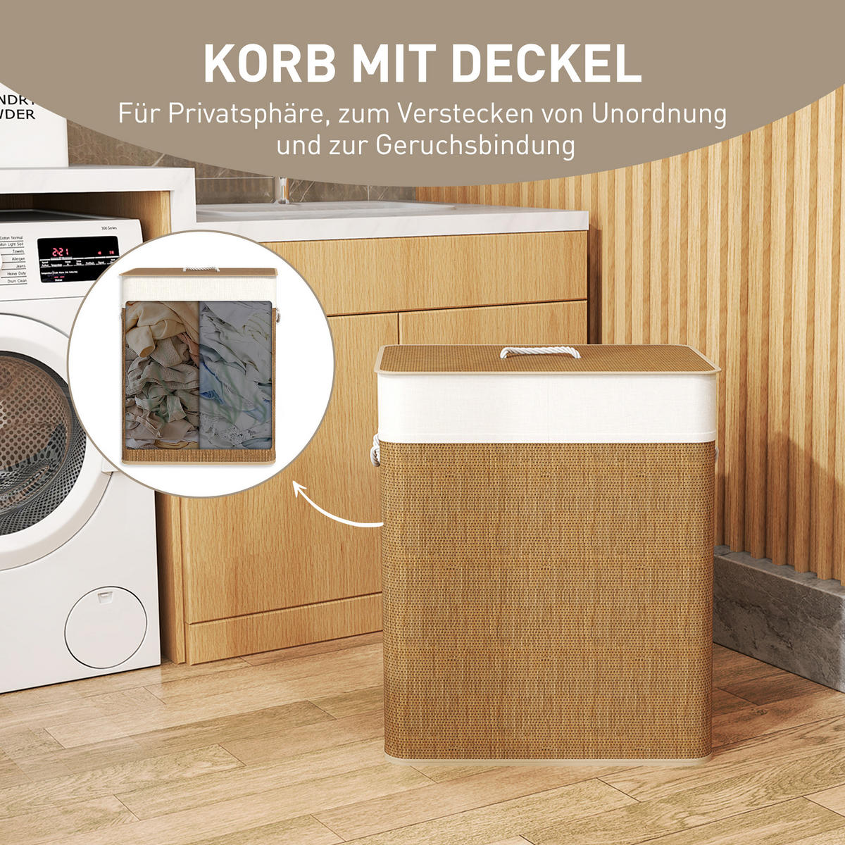 BAMBUS Wäschekorb mit Deckel 2 Fächer 100 L Wäschesammler mit Seilgriffen - Braun, Naturmaterialen (32/63/52cm) - HOMCOM