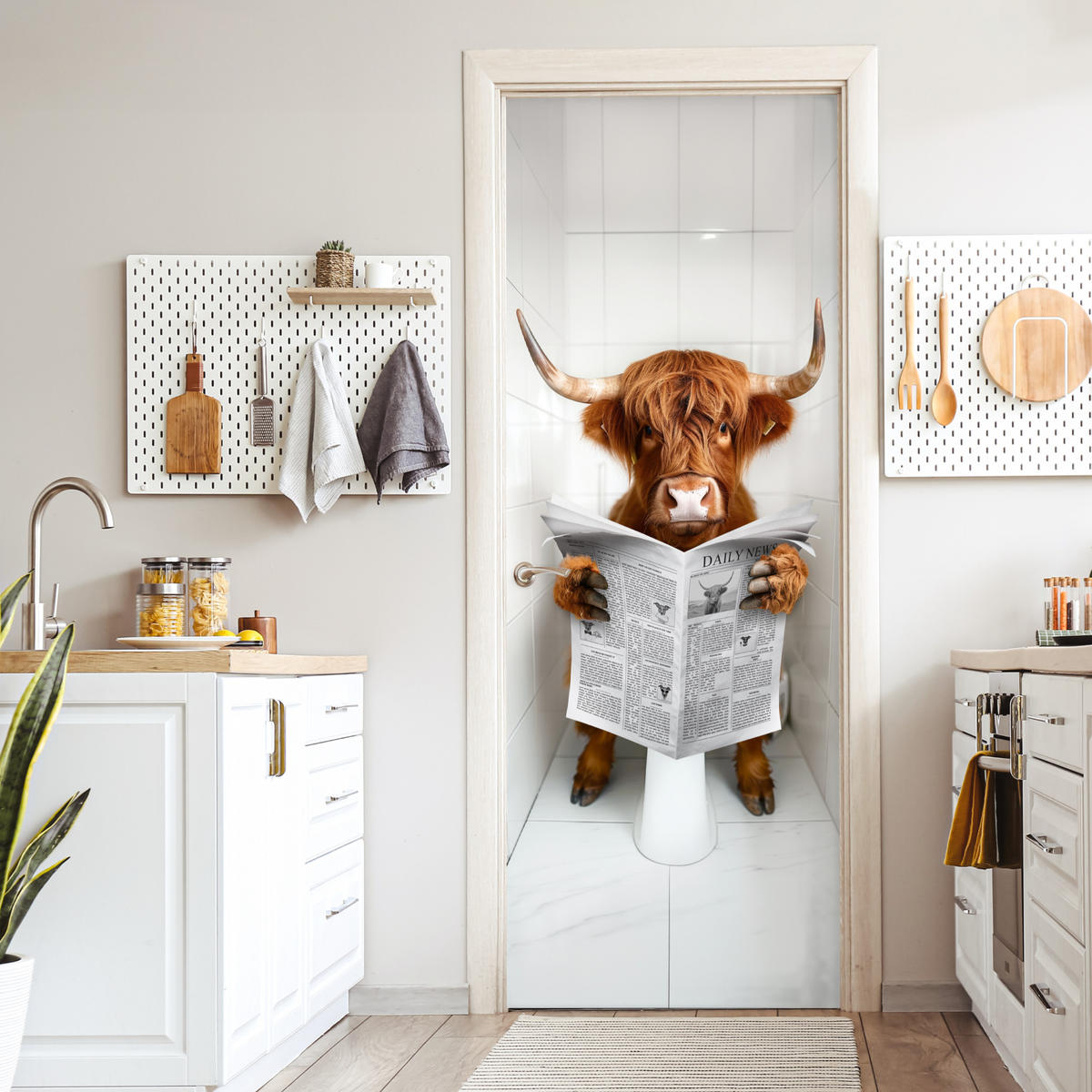 TÜRAUFKLEBER Scottish Highlander - Zeitung - WC - Tier 90x235 cm - Türtapete - Weiß, Kunststoff (90/0.1cm) - MuchoWow