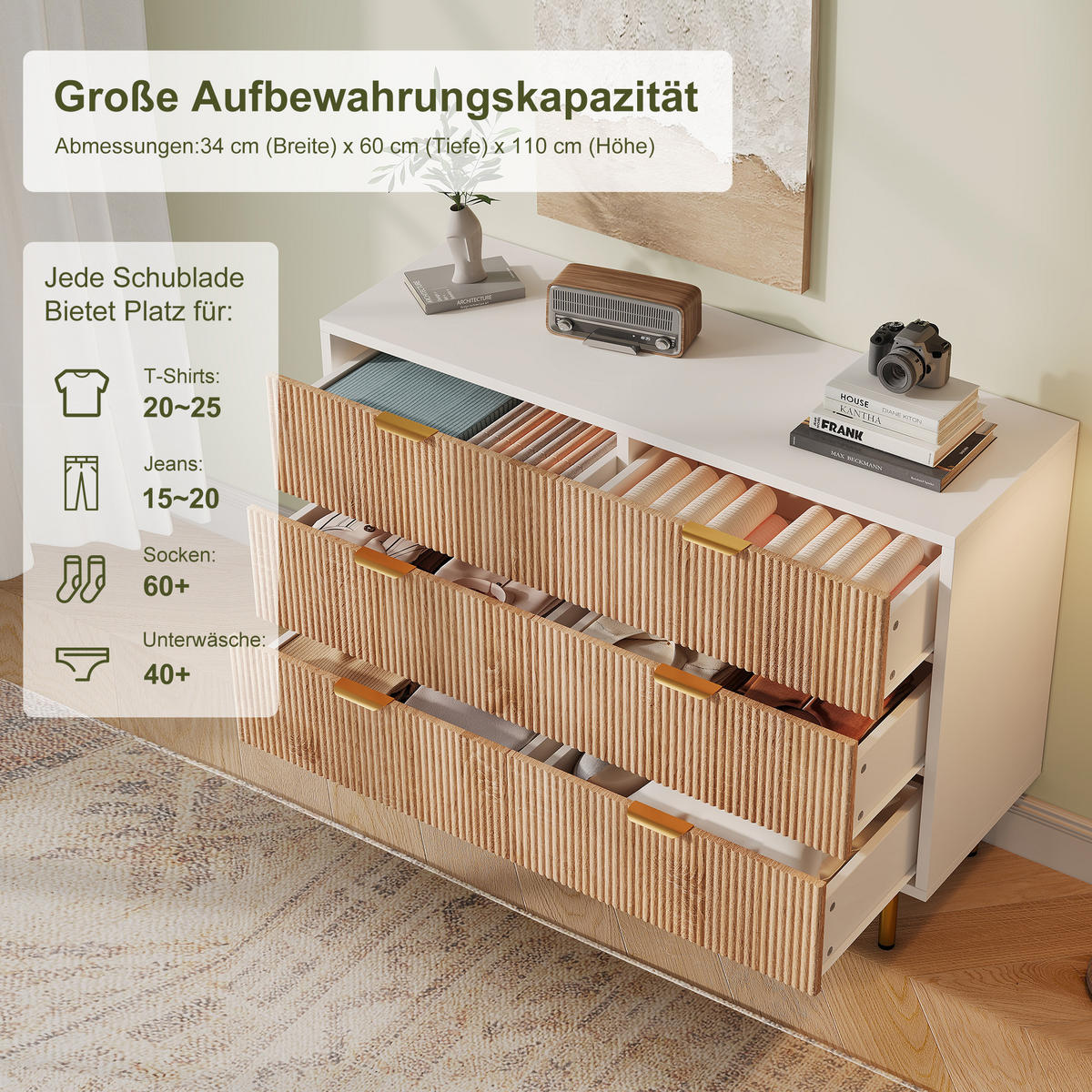 KOMMODE mit 6 Schubladen, Schubladenschrank Holz, in Naturholzfarbe + Weiß - Goldfarben/Naturfarben, Holz/Metall (34/73/100cm) - BPKADHY