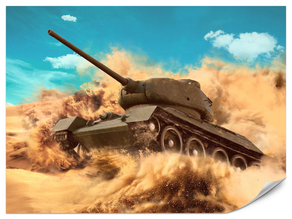 FOTOTAPETE für Jugendzimmer Kampfs Panzer Wüste Sand Dynamik 250x175 - Blau/Beige, Papier (250/175cm) - Muralo