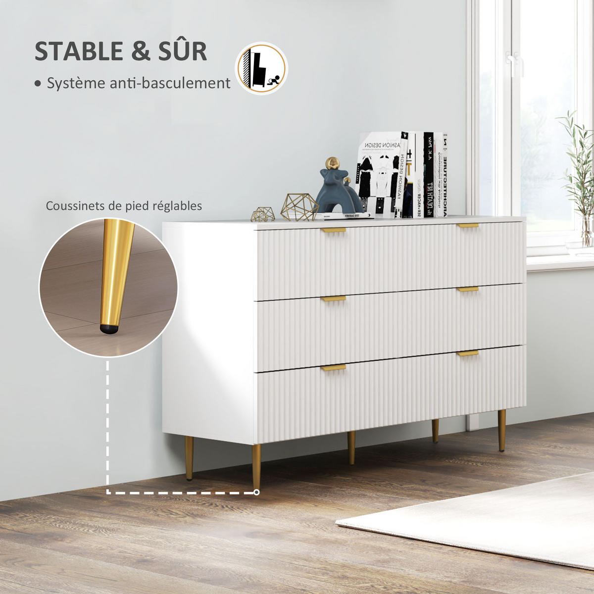 KOMOODE DE-12857 6 Schubladen, goldene Griffe und Füße Weiß - Weiß, Holzwerkstoff (120/76.5/40cm) - ComfortXL