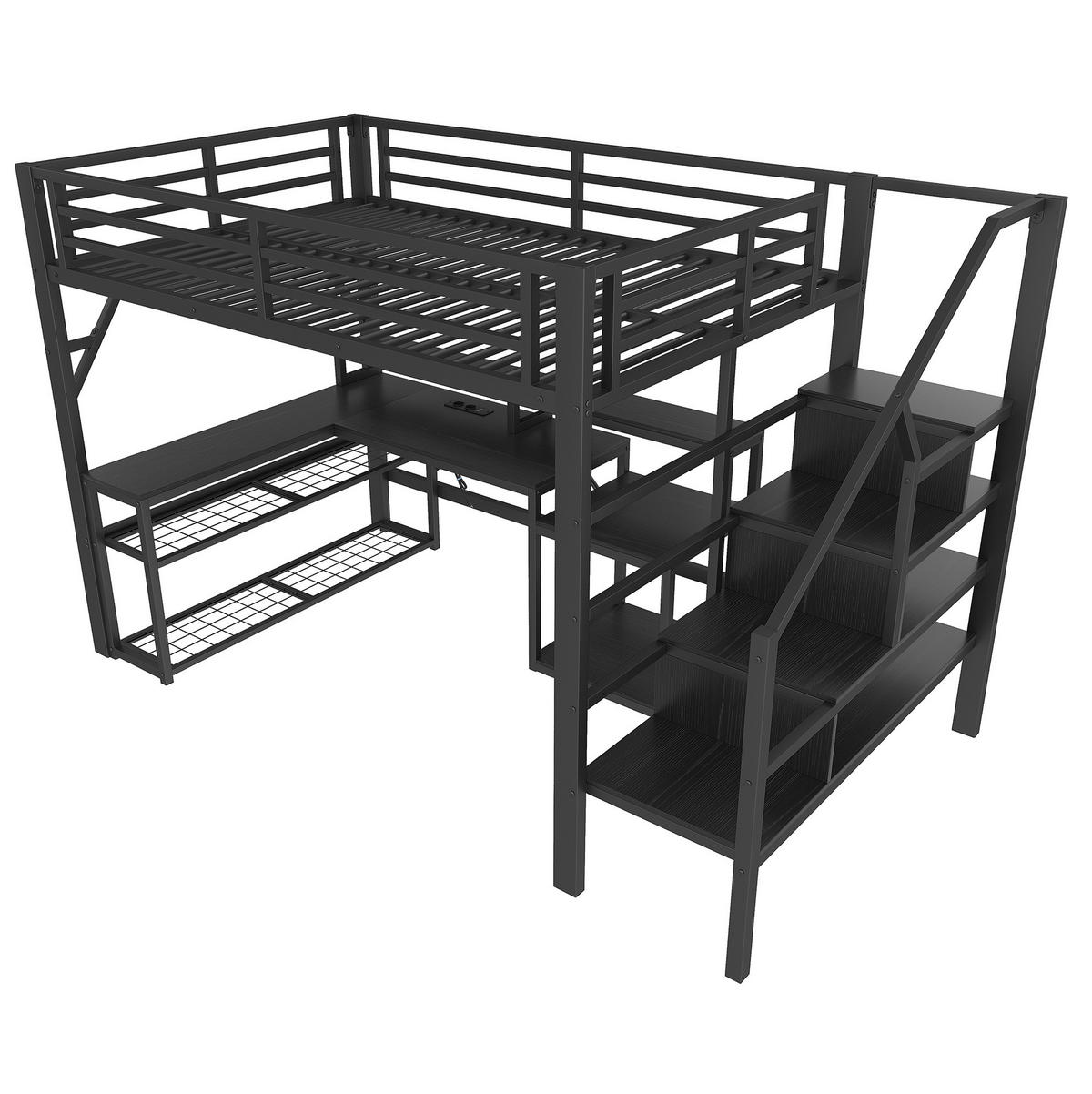 HOCHBETT 140/200 cm aus Metall mit Schreibtisch, Stauraum und LED-Beleuchtung - Schwarz, Metall (140/200cm) - Flora Grace