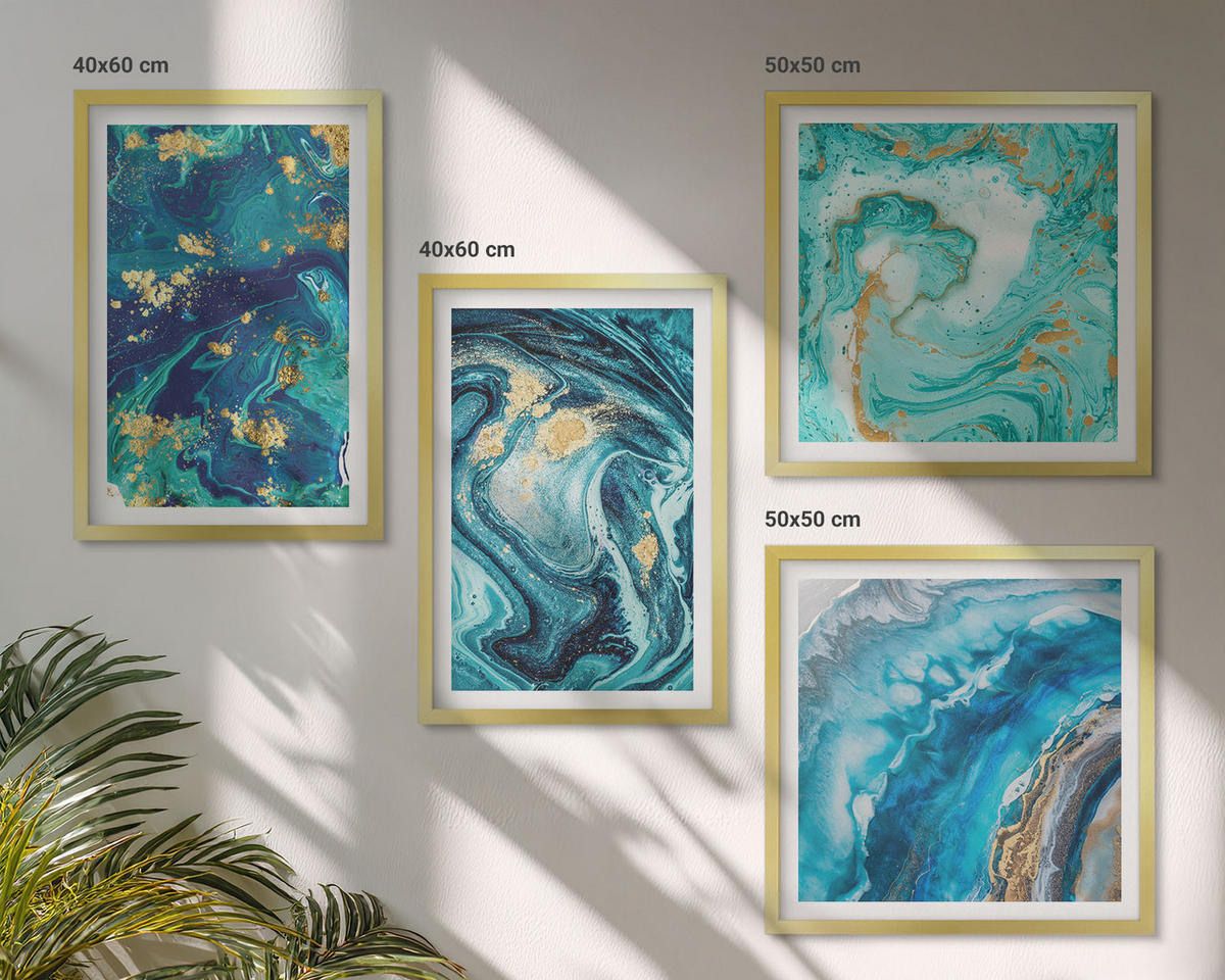 BILDER SET 4er Set - 50x50 cm & 40x60 cm Goldrahmen - Abstraktionen dekorativer Malerei - Goldfarben, Kunststoff (50/50cm) - TULUP