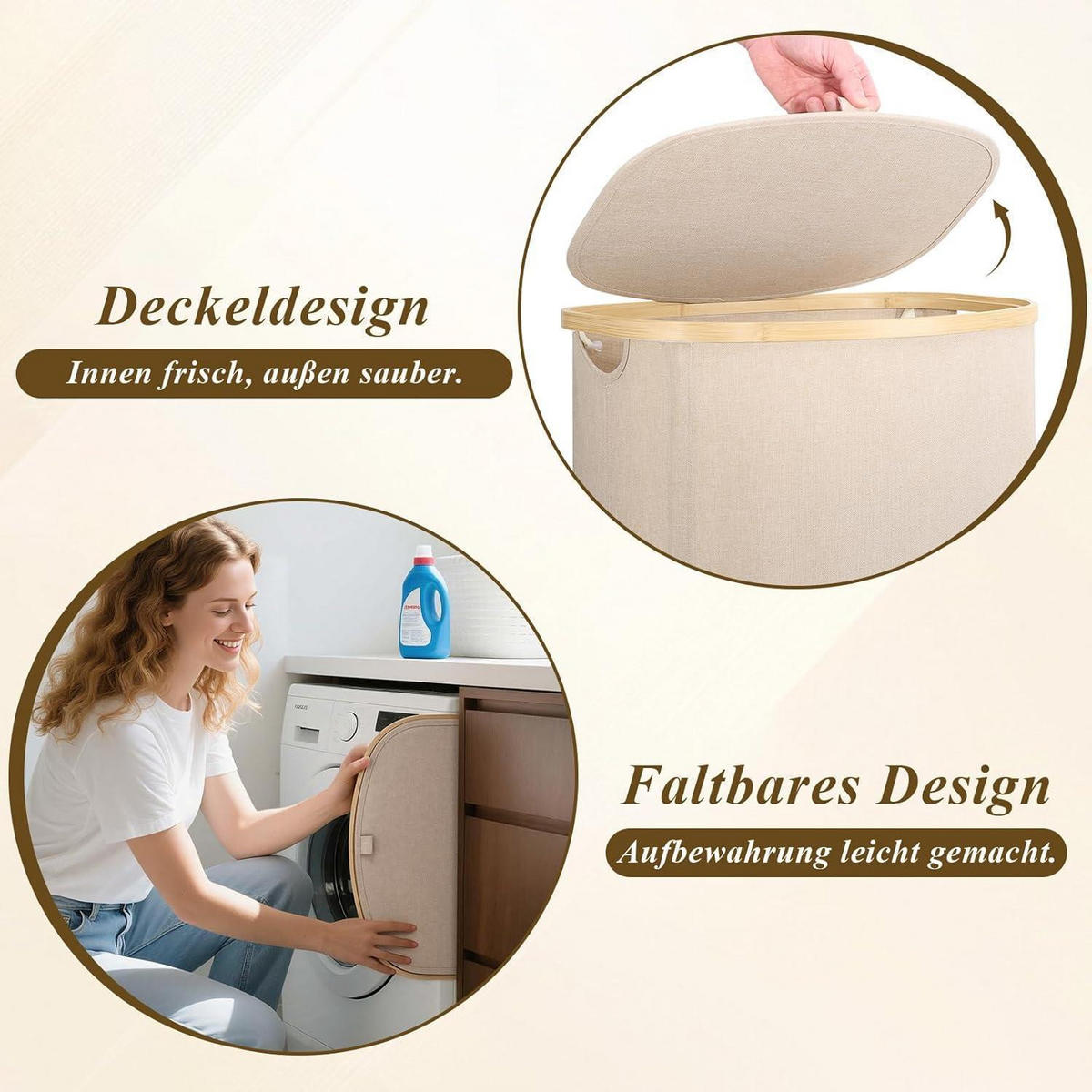 WÄSCHEKORB Bambus 80L mit Deckel und herausnehmbarem Beutel - Beige, Naturmaterialien (32/56/44cm)