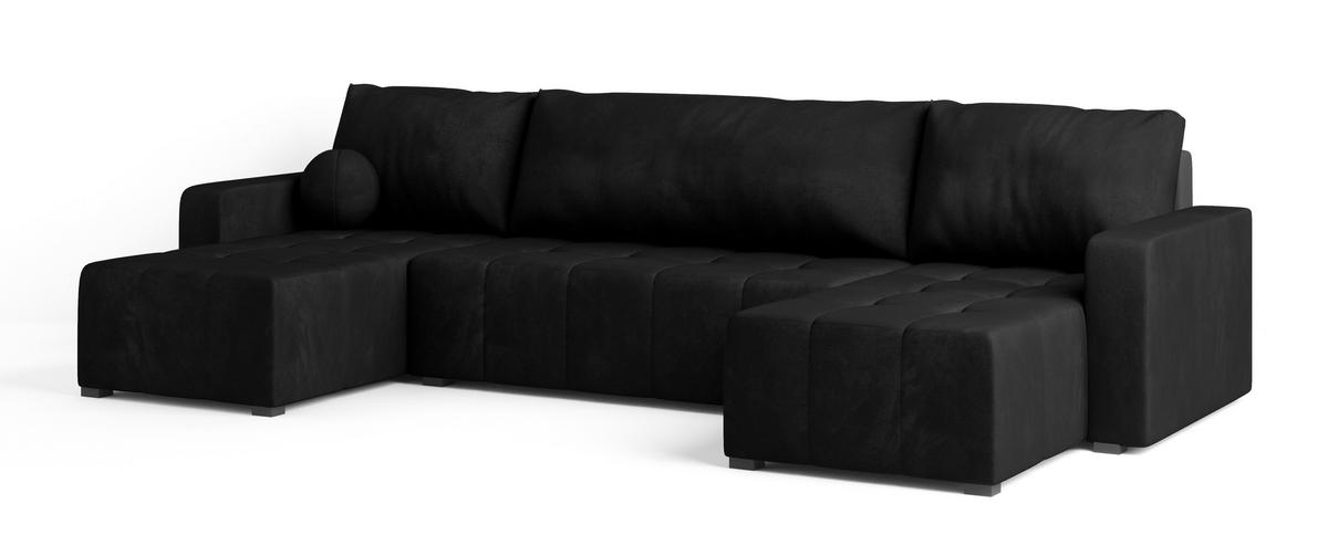 WOHNLANDSCHAFT TOLARI Schwarz Plüsch-Stoff mit Schlaffunktion - Schwarz, Holz (295/85/140cm) - MASSENO