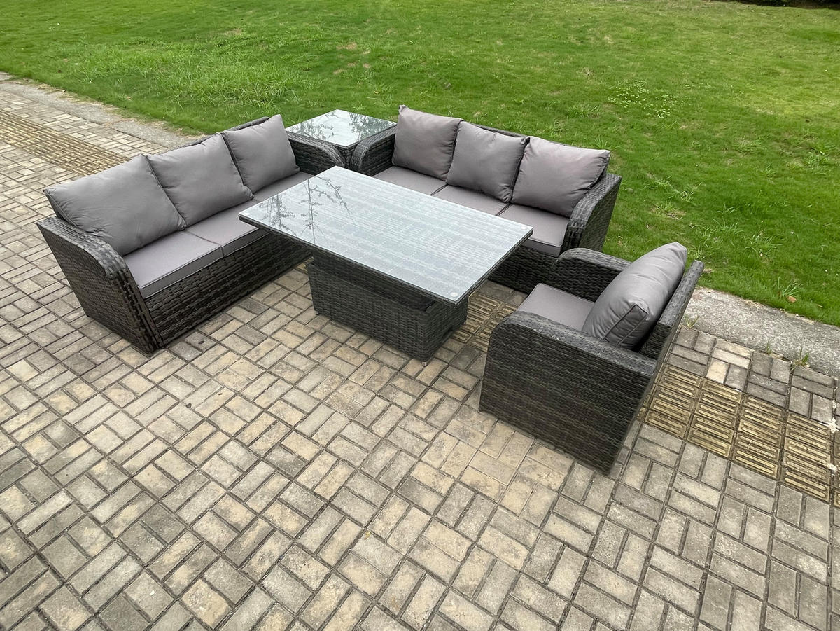 GARTENMÖBELSET mit Beistelltisch Höhenverstellbarer Esstisch 7-Sitzer Grau - Dunkelgrau/Grau, Glas/Kunststoff - Fimous